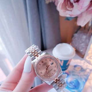 ĐỒNG HỒ NAM NỮ CAO CẤP RÔLET DÂY THÉP MẶT HỒNG NÂU VIỀN HỘT
