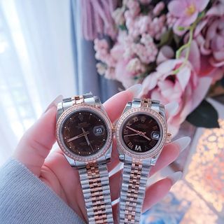 ĐỒNG HỒ NAM NỮ CAO CẤP RÔLET DÂY THÉP MẶT HỒNG NÂU VIỀN HỘT