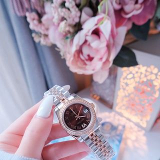 ĐỒNG HỒ NAM NỮ CAO CẤP RÔLET DÂY THÉP MẶT HỒNG NÂU VIỀN HỘT