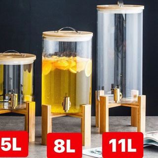 Bình Thủy Tinh Đựng Nước Sôi Nắp Gỗ Có Vòi Rót Kèm Kệ Gỗ 5L, 8L, 11L