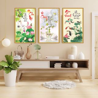 Bộ 3 Tranh Dán Tường 3D 30x50cm – Họa Tiết Bonsai Nghệ Thuật, Hoa Sen, Cá Chép & Thư Pháp