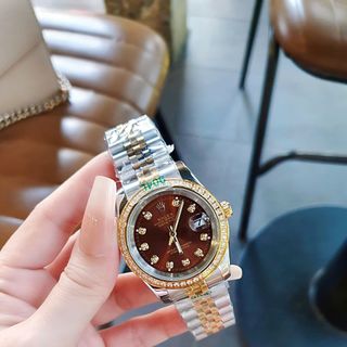 ĐỒNG HỒ NAM NỮ CAO CẤP RÔLET DÂY THÉP MẶT HỒNG NÂU VIỀN HỘT