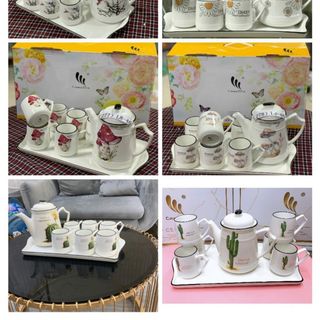 Bộ bình 6 cốc kèm khay sứ xương hàng cao cấp ( nhiều họa tiết ), Bộ bình 6 ly kèm khay sứ xương hàng cao cấp ( nhiều họa tiết )