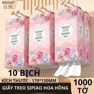 SIPIAO Thùng 10 bịch giấy treo đa năng Hoa Hồng, Khăn rút 4 lớp treo tường mỗi bịch 1000 tờ CTB822