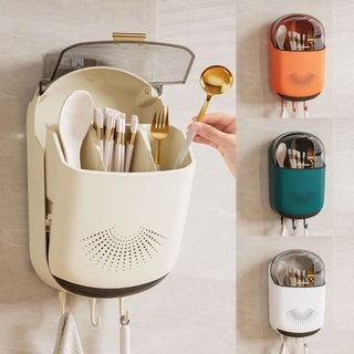 Ống hộp để đũa thìa đa năng dán tường (Có lỗ thoáng khí, khay thoát nước) có lắp đậy chống bụi, côn trùng