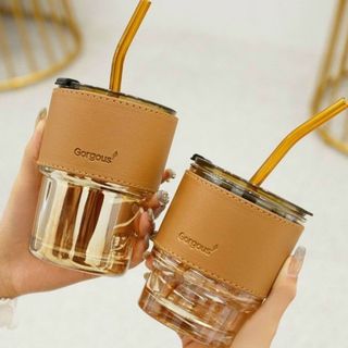 Cốc thuỷ tinh bọc da có ống hút 450ml