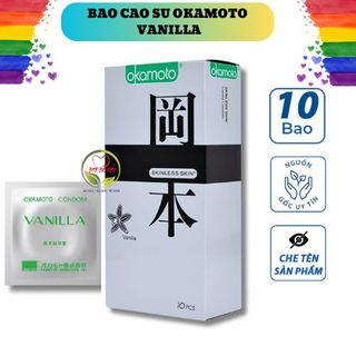 Bao cao su Okamoto Skinless Skin Vanilla hộp 10 cái, bcs hương vani siêu mỏng kéo dài thời gian