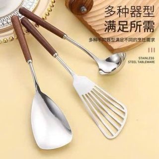 Sét 3 thìa inox thép không gỉ ăn lẫu ,chiên xào nấu nướng cán gỗ cầm tay tiện lợi