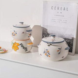 HỦ ÂU SỨ ĐỰNG MỠ HOẠ TIẾT HOA LÁ KÈM THÌA 1500ML
