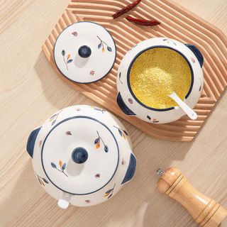 HỦ ÂU SỨ ĐỰNG MỠ HOẠ TIẾT HOA LÁ KÈM THÌA 1500ML