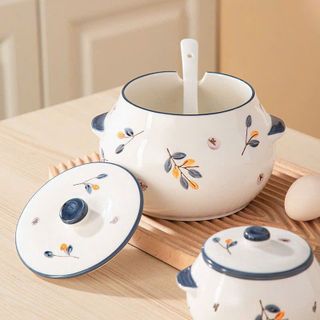 HỦ ÂU SỨ ĐỰNG MỠ HOẠ TIẾT HOA LÁ KÈM THÌA 1500ML