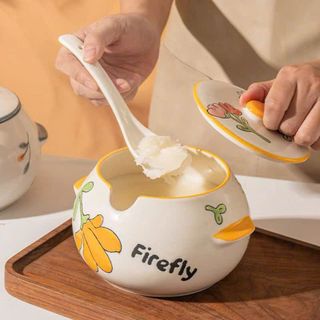HỦ ÂU SỨ ĐỰNG MỠ HOẠ TIẾT HOA LÁ KÈM THÌA 800ML