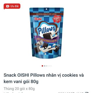 Snack Oishi Pillows nhân vị cookies và kem vani gói 80g