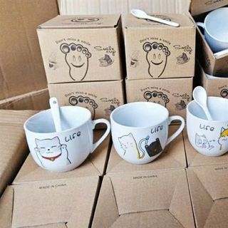 Cốc Sứ Mẫu Mới Dáng Tròn Kèm Thìa Hoạ Tiết ( Thùng 100C )