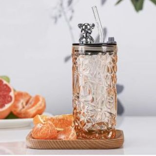 Cốc Thủy Tinh Có Ống Hút Nắp Đậy Gấu 400ml ( THÙNG 80C )