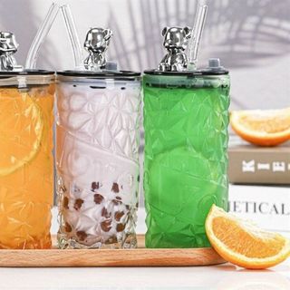 Cốc Thủy Tinh Có Ống Hút Nắp Đậy Gấu 400ml ( THÙNG 80C )
