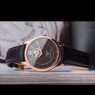 ĐỒNG HỒ NAM SIÊU CẤP TIXOT DÂY DA KÍNH SAPHIRE LỘ MÁY AUTOMATIC MẶT ĐEN VIỀN ĐỒNG