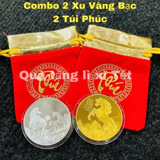 Combo 2 Xu Úc Hình Con Ngựa Vàng Bạc Kèm 2 Túi Gấm Chữ Phúc Hoặc Chữ Lộc