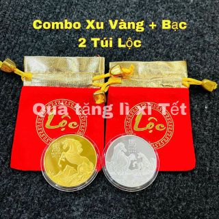 Combo 2 Xu Úc Hình Con Ngựa Vàng Bạc Kèm 2 Túi Gấm Chữ Phúc Hoặc Chữ Lộc