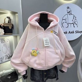 Áo Khoác Dây Kéo Phao Kèm Charm Bông Hoa Siêu Xinh, Thêu Logo Stay Kind Love More - Phong Cách Năng Động và Tiện Lợi