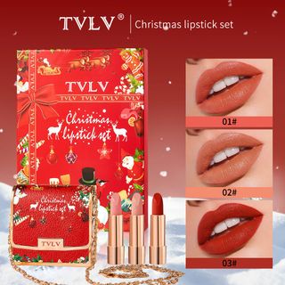 Set 3 Thỏi Son Lì TVLV Christmas Mini Lipstick Kèm Ví/Túi Đựng Son Dây Xích, Hộp Quà Tặng Son Môi 3 Màu Đẹp (01# Cam Đất, 02# Nude, 03# Đỏ Thuần)