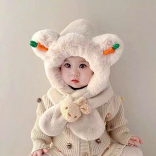 Khăn mũ lông thỏ trùm đầu  hoạ tiết gấu cà rốt