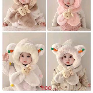 Khăn mũ lông thỏ trùm đầu  hoạ tiết gấu cà rốt