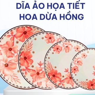 ĐĨA SỨ ẢO HOA DỪA HỒNG SIZE 9 (22CM)