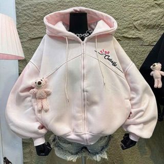 Áo khoác nỉ nữ dây kéo phao, logo thêu 2108 kèm charm