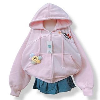 Áo khoác nỉ dành cho nữ dây kéo phao, logo thêu STAYKIND LOVE MORE