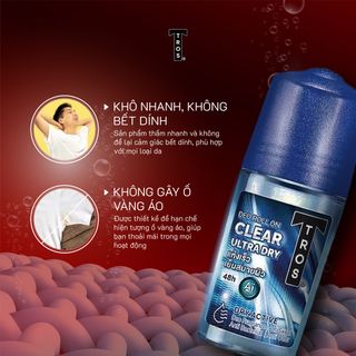 Lăn Khử Mùi Nam TROS Clear Ultra Dry Hương Thơm Mát Lạnh, Chống Ố Vàng Áo, Kiểm Soát Mồ Hôi, Khô Thoáng
