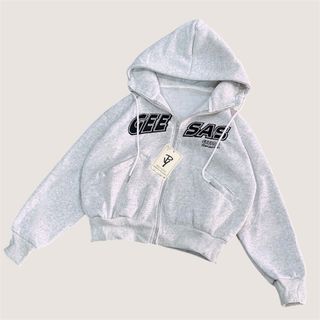 Áo Khoác Lửng Nón Rộng 2 Lớp Nỉ Dệt Xuất Khẩu Cho Nữ Thêu Chữ GEE SAS