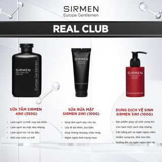 Bộ quà tặng cho nam REAL CLUB - Gồm Sữa tắm gội 4in1, Gel rửa mặt 2in1 và Dung dịch vệ sinh nam 3in1 hương nước hoa châu Âu SIRMEN | TẶNG TÚI XÁCH & NƯỚC HOA 10ML