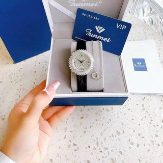 SET QUÀ 20/10 ĐỒNG HỒ NỮ CHÍNH HÃNG FUNMEI F2077 DÂY DA ĐÁ BẠC FULLBOX TEM KÈM DÂY CHUYỀN