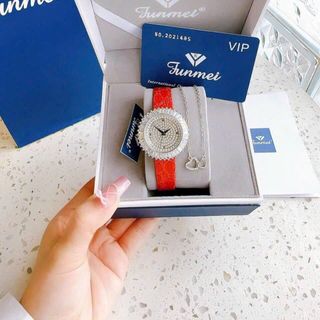 SET QUÀ 20/10 ĐỒNG HỒ NỮ CHÍNH HÃNG FUNMEI F2077 DÂY DA ĐÁ BẠC FULLBOX TEM KÈM DÂY CHUYỀN