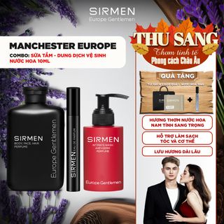 Bộ quà tặng cho nam MANCHESTER EUROPE - Gồm Sữa tắm 350g, Nước hoa nam 10ml và Dung dịch vệ sinh nam 100g nguyên liệu châu Âu SIRMEN Europe Gentlemen chiết xuất tự nhiên công nghệ EU-Nano | TẶNG TÚI XÁCH & NƯỚC HOA 10ML