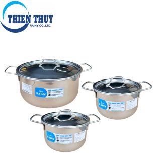 BỘ 3 NỒI INOX 1 ĐÁY RAINY 16/18/24 QUAI ĐŨA NẮP INOX