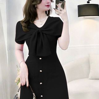 Đầm xoè nơ phối nút cực xinh thiết kế sang trọng hàng cao cấp Sk756932