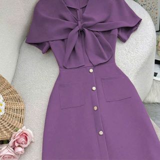 Đầm xoè nơ phối nút cực xinh thiết kế sang trọng hàng cao cấp Sk756932