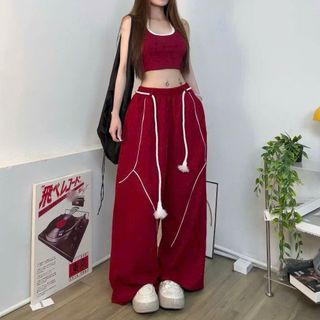 Quần dài nữ lai rộng thùng thình chất dù có dây luồng lưng, phối mí thân quần