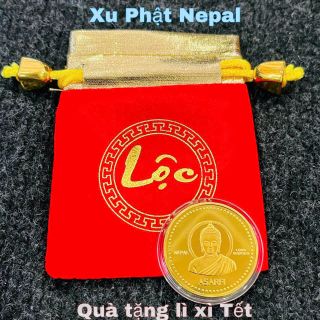 Sỉ đồng xu phật Nepan mạ vàng tặng kèm túi gấm đỏ.