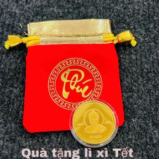 Sỉ đồng xu phật Nepan mạ vàng tặng kèm túi gấm đỏ.