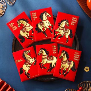 Bao lì xì Bính Ngọ In nổi vàng đen nổi bật mã mới 1set/6cai 6mẫu