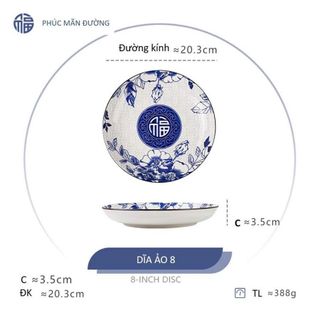 ĐĨA SỨ ẢO HOA XANH CHỮ PHÚC 20CM