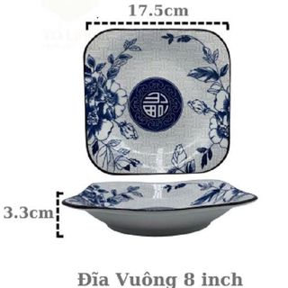 ĐĨA SỨ VUÔNG HOA XANH CHỮ PHÚC 17CM