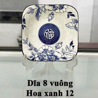 ĐĨA SỨ VUÔNG HOA XANH CHỮ PHÚC 17CM