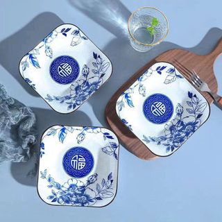 ĐĨA SỨ VUÔNG HOA XANH CHỮ PHÚC 17CM