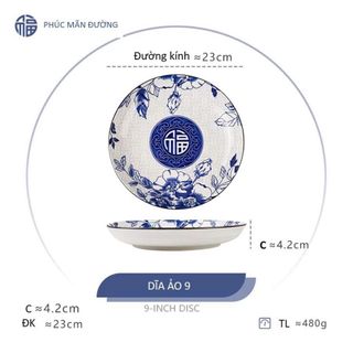 ĐĨA SỨ ẢO HOA XANH CHỮ PHÚC 22CM