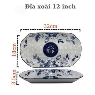 ĐĨA SỨ XOÀI HOA XANH CHỮ PHÚC 32CM