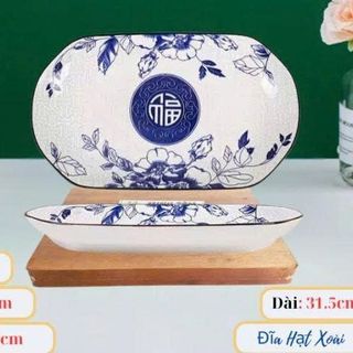ĐĨA SỨ XOÀI HOA XANH CHỮ PHÚC 32CM